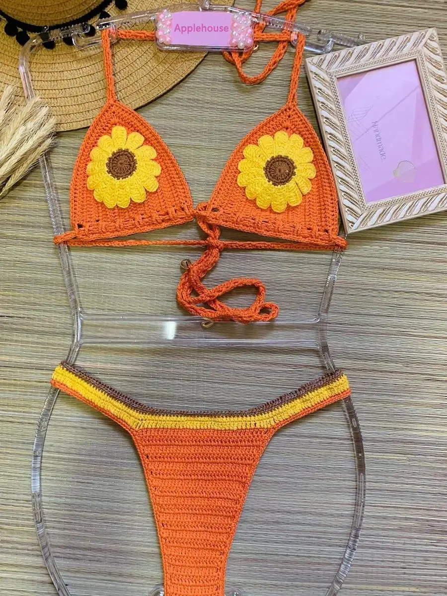 Conjunto De microbikini para Mujer, traje De baño De ganchillo con estampado De flores, Copa ajustable, ropa De playa