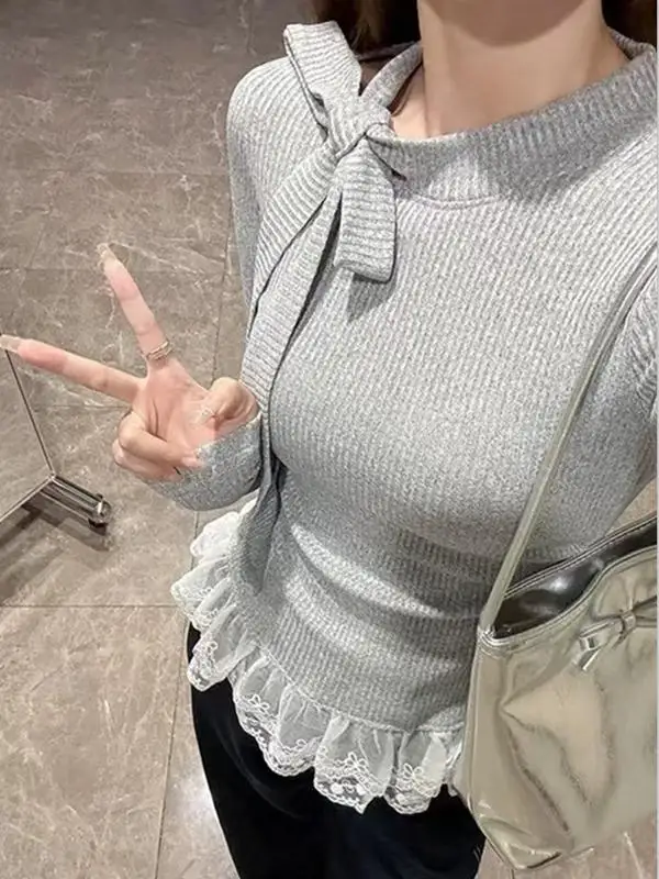 

Korean Style Long Sleeve Knitted Shirt Lace Patchwork Design Spicy Girl Street Style Base Layer Spring Autumn Inner Wear Slim...