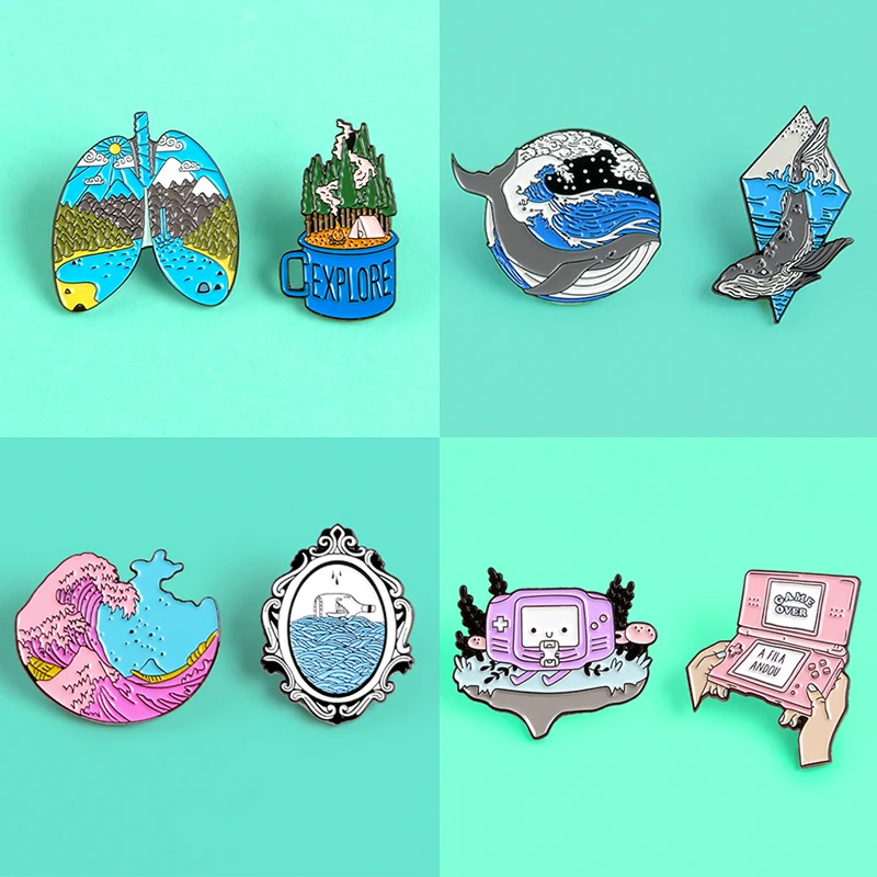 

Enamel Pins Ocean Sea Wave Drifting Bottle‘Game Over’Gamepad‘Explore ’Forest Lung Brooches pin women jewelry Forest Explore Game