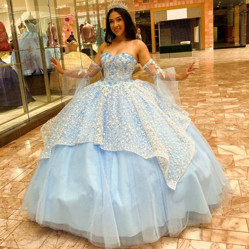 

EVLAST Customized Blue Quinceanera Dress For Sweet 16 Princess Gown Applique Lace Beading Party Dress Vestidos De 15 Anos TQD054