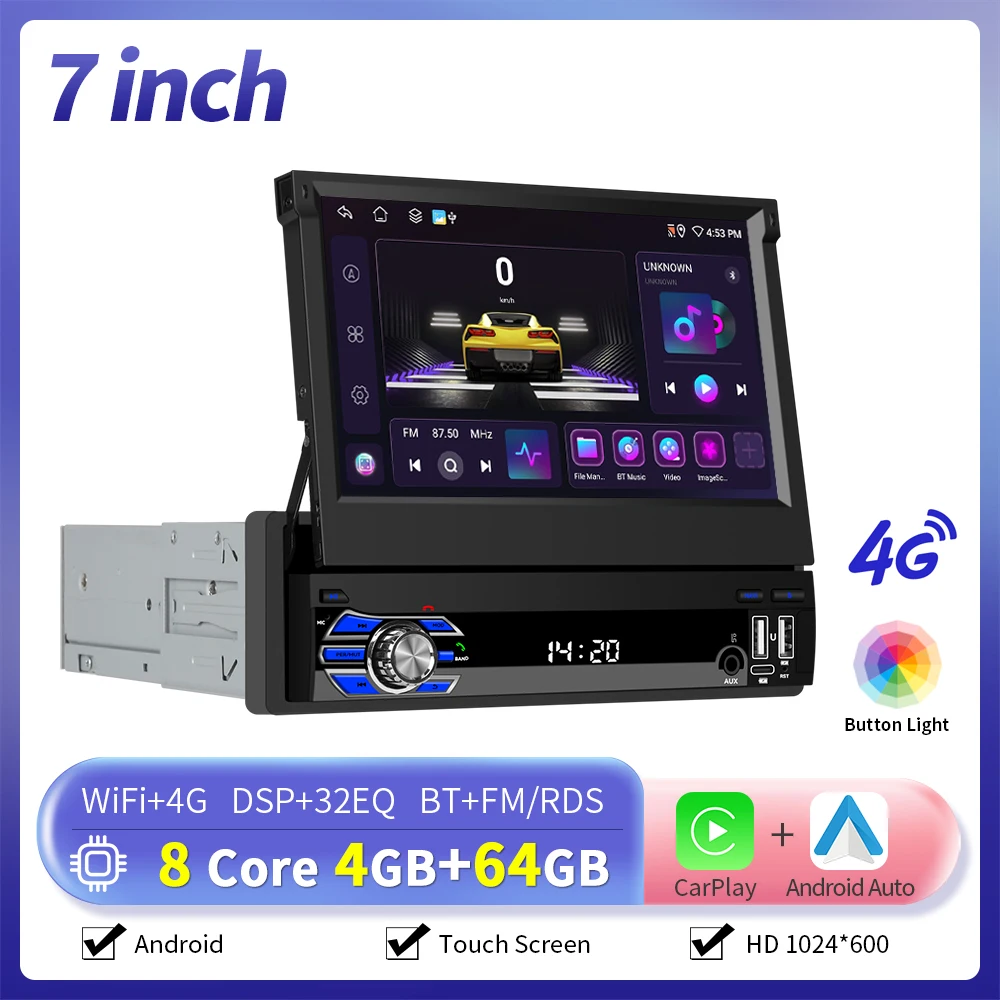 Camecho 4 + 64G 7 inch intrekbaar IPS-scherm 1 Din autoradio Carplay Android Auto GPS Stereo 1Din Multimedia Videospeler Wifi 4G