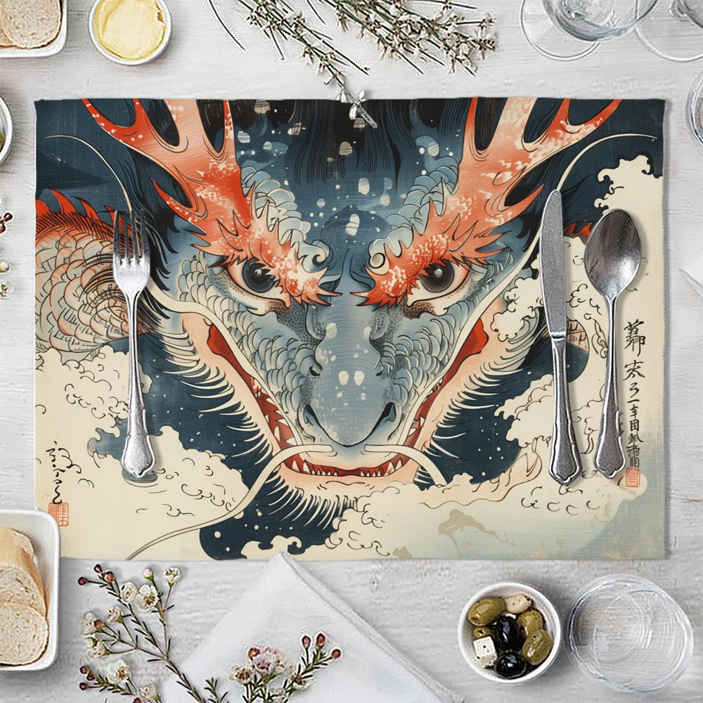 1 قطعة Ukiyoe نمط التنين الصيني تحديد الموقع عيد الميلاد ثلج ندفة الثلج المطبخ القهوة طاولة طعام الحصير كوستر الوسادة