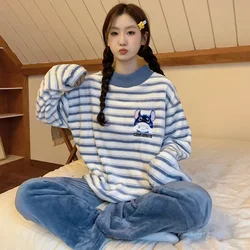 Cartoon Disney women's pajamas winter crew neck sweater trousers casual warm women's two-piece pajamas Stitch loungewear set