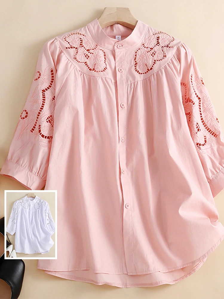 Retro Artistic Hollow Embroidery Casual irt Loose Fit Women's Faion Stand Collar Seven Sve Casual Top Summer