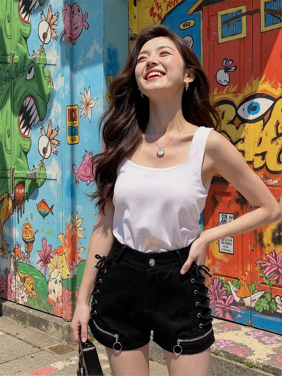 Pantaloncini Donna Vita alta Gonna corta Increspato Estetica Kawaii Cottagecore A-Line Girlish Fairycore Dolce Estate Preppy Chic Trend