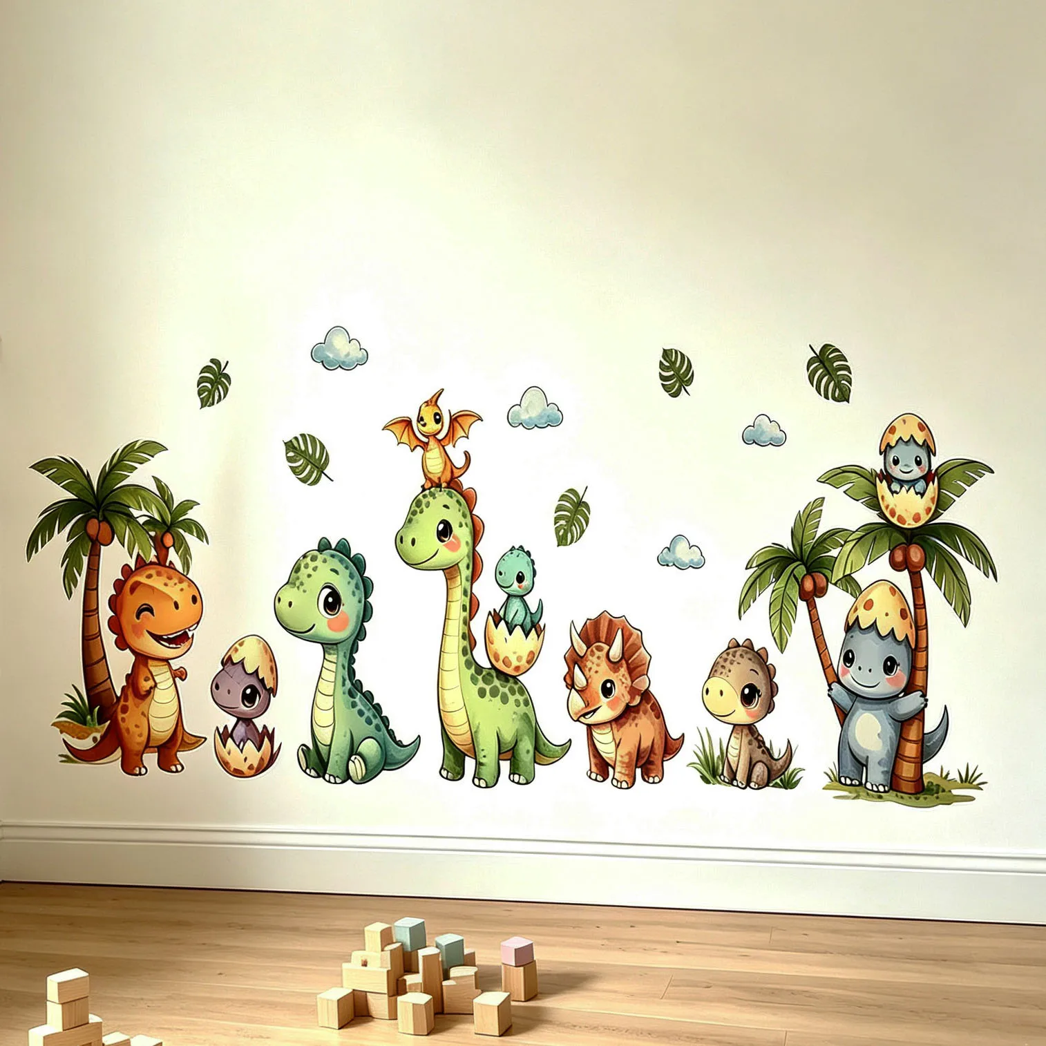 Watercolor Cute Dinosaur Parade Wall Stickers Baby Dino Hatching Egg Palm Tree Cloud Leaves Wall Decals Removable Kids Nursery D