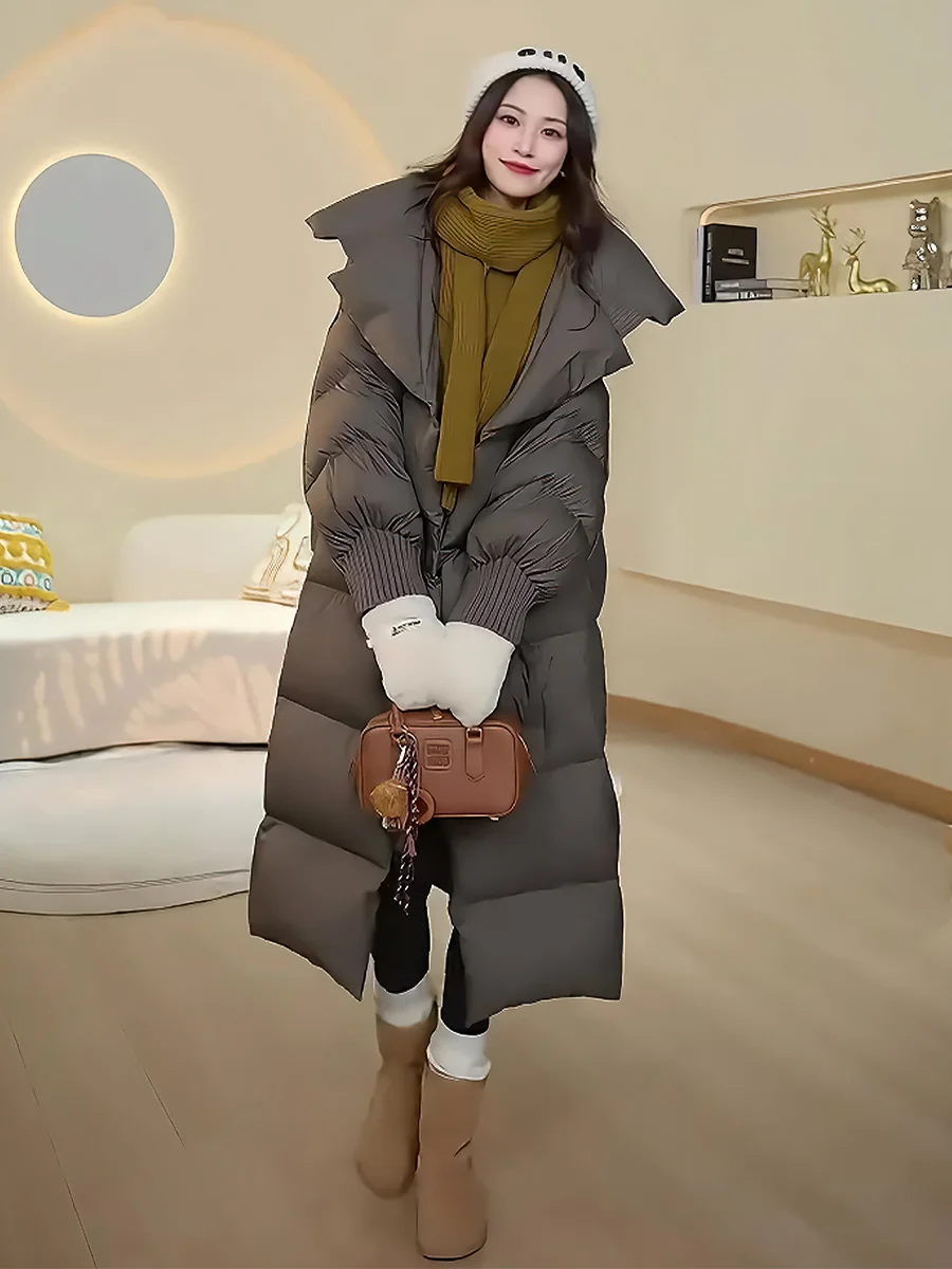 Cappotto invernale da donna in piumino Duet bianco con colletto alla moda, resistente al freddo estremo, da pendolarismo, di media lunghezza