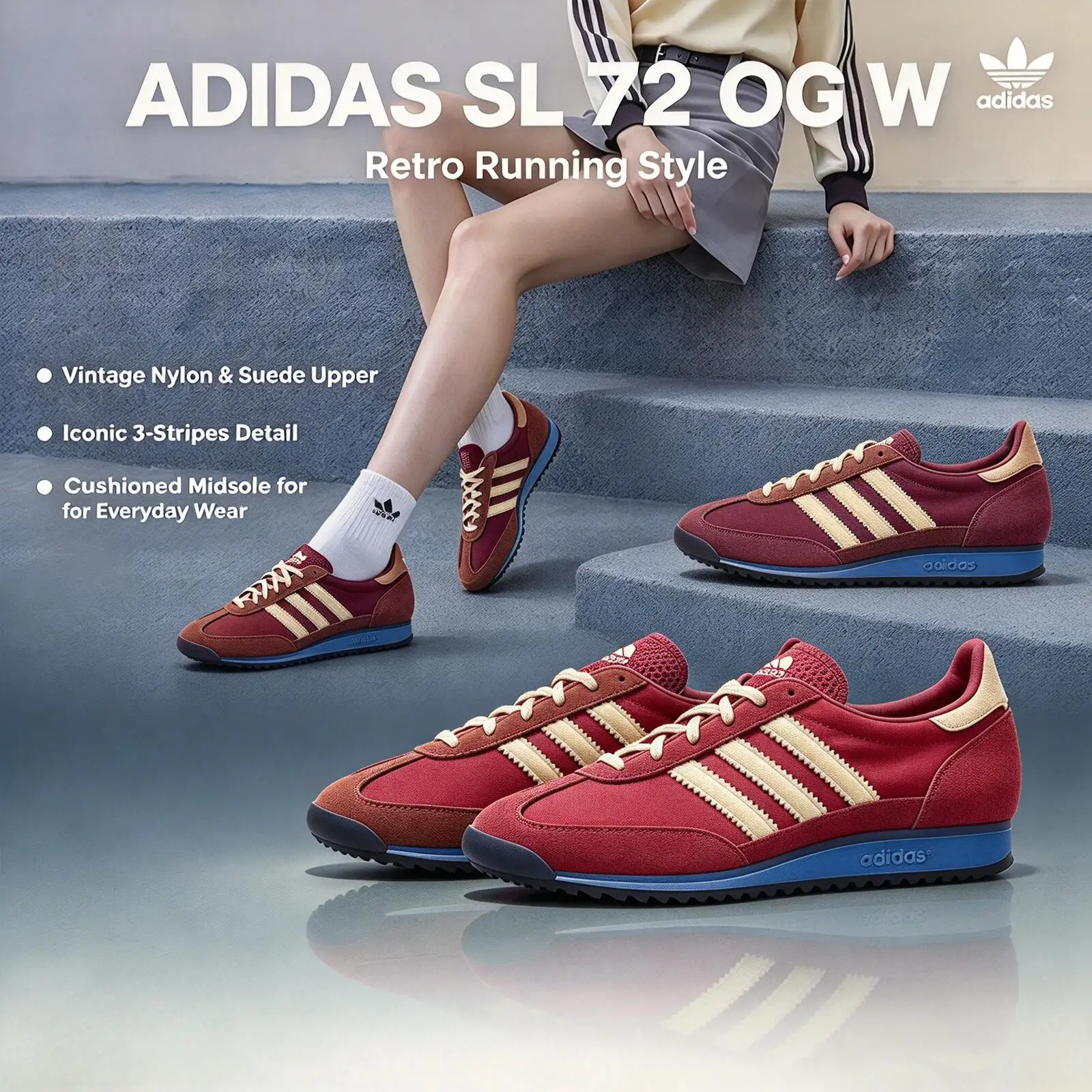 Adidas SL 72 OG W IE3425/IE347 Classic Three Stripe Casual Sneakers EVA Cushion Rubber Sole Daily Walking Trainers