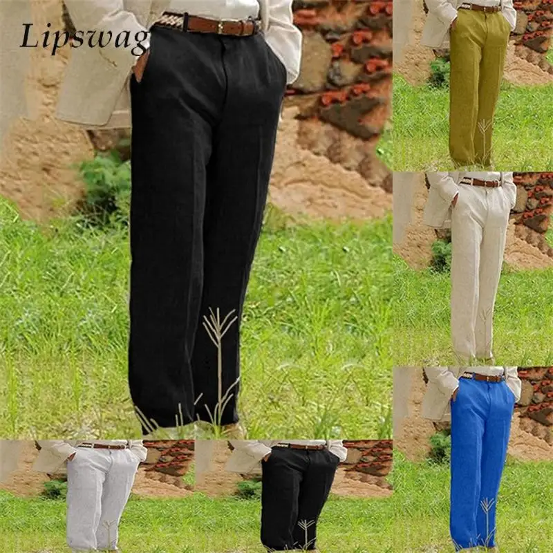 

Daily Casual Breathable Loose Pants For Mens Spring Autumn Leisure Solid Color Linen Trousers Vintage Men's Pleated Trousers