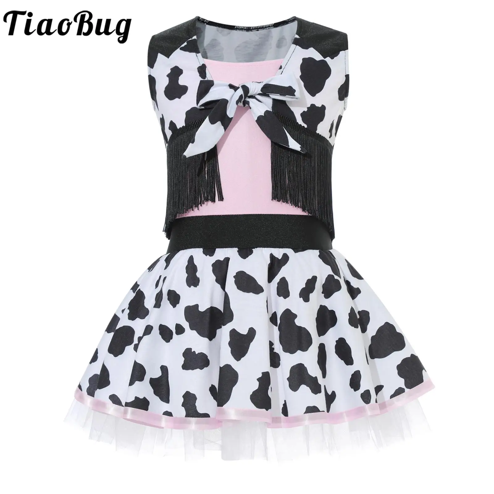 

Kid Girls Halloween Western Cowgirl Cosplay Costume Dalmatian Print Sleeveless Cami Dress Tutu with Tassels Vest for Theme Party