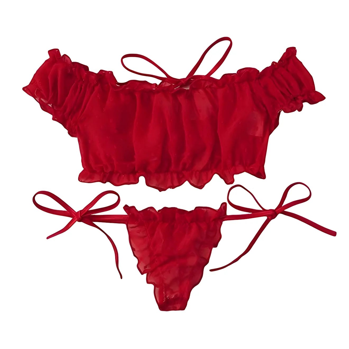 

Women's Sexy Lingerie Set Mesh Lace Ruffle Cute Dot Transparent Bra and Panty Wireless Thong Bandage Exotic Sets