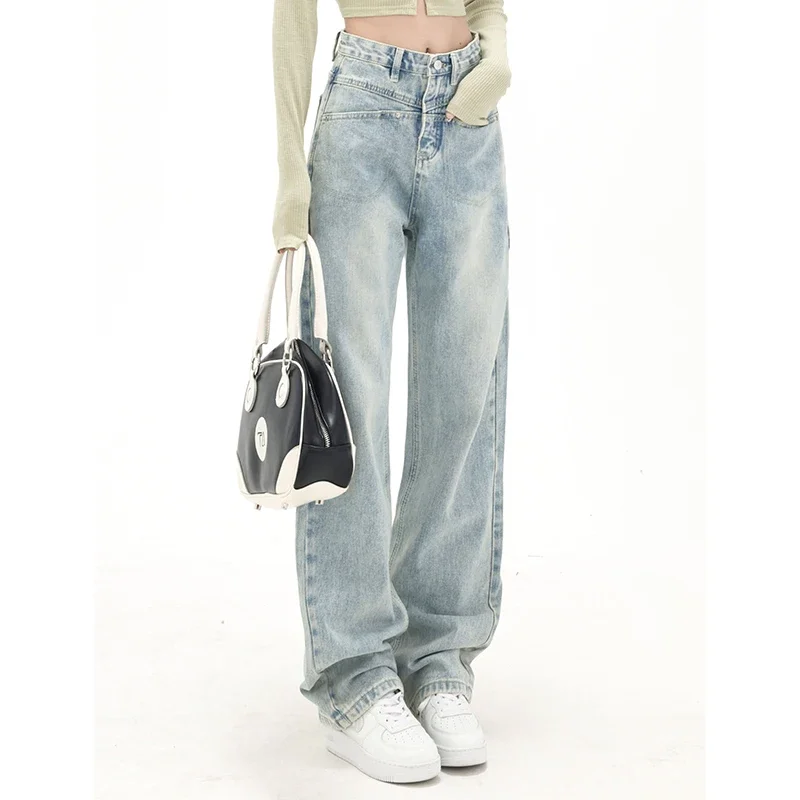 

Brand Designer Lady High Waisted Jeans Trousers Female Light Color Narrow Jeans Pants Girls Thin Baggy Straight Leg Denim Pants