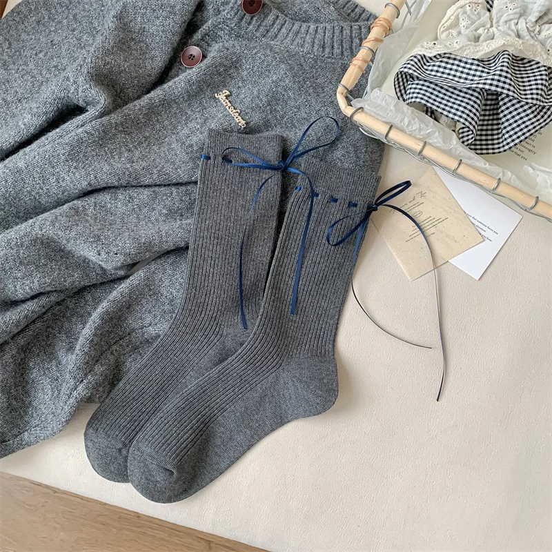 1足 2025秋冬新作 コットンソックス ブルーグレー レディース ミドル丈ソックス リボン付き 韓国風 ロングフリルソックス 高品質