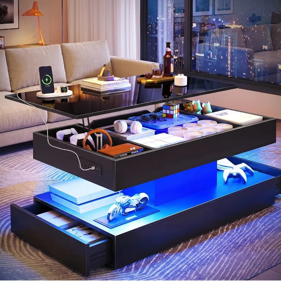 LED lift top coffee table for living room, engineered wood in black, with hidden drawers and built-in power outlet
