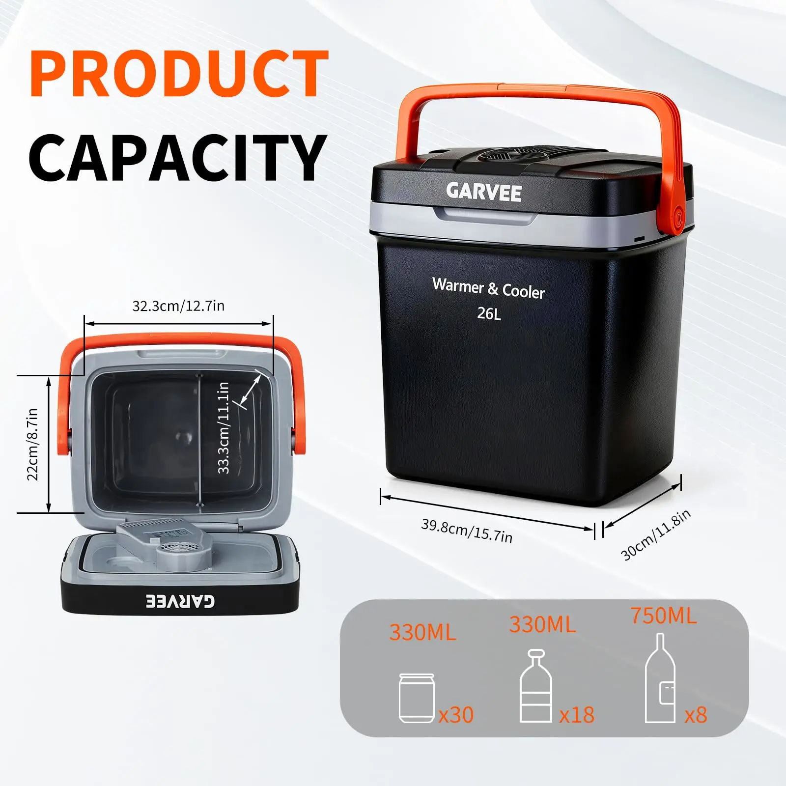 26L Electric Cooler & Warmer Car Refrigerator - Portable 12V DC for Cars/Trucks + 110V AC Home Cord, Auto-Lock Carry Handle, Plug-In Cooling/Heating, Dual Power Mini Fridge, Black/Orange