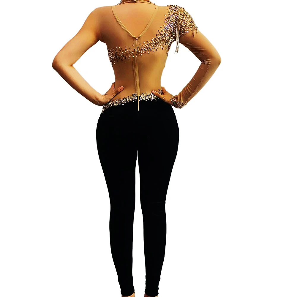 Black Nude Sexy Tassel Long Sleeve Women Jumpsuits Halter Neck Club Party Dancer Stage Festival Outfit Drag Queen