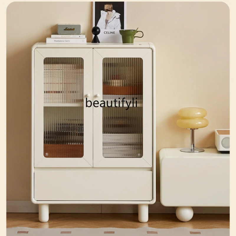 Solid Wood Wide-Brimmed Cabinet French Cream Style Living Room Locker Small Apartment White Sideboard Cabinet