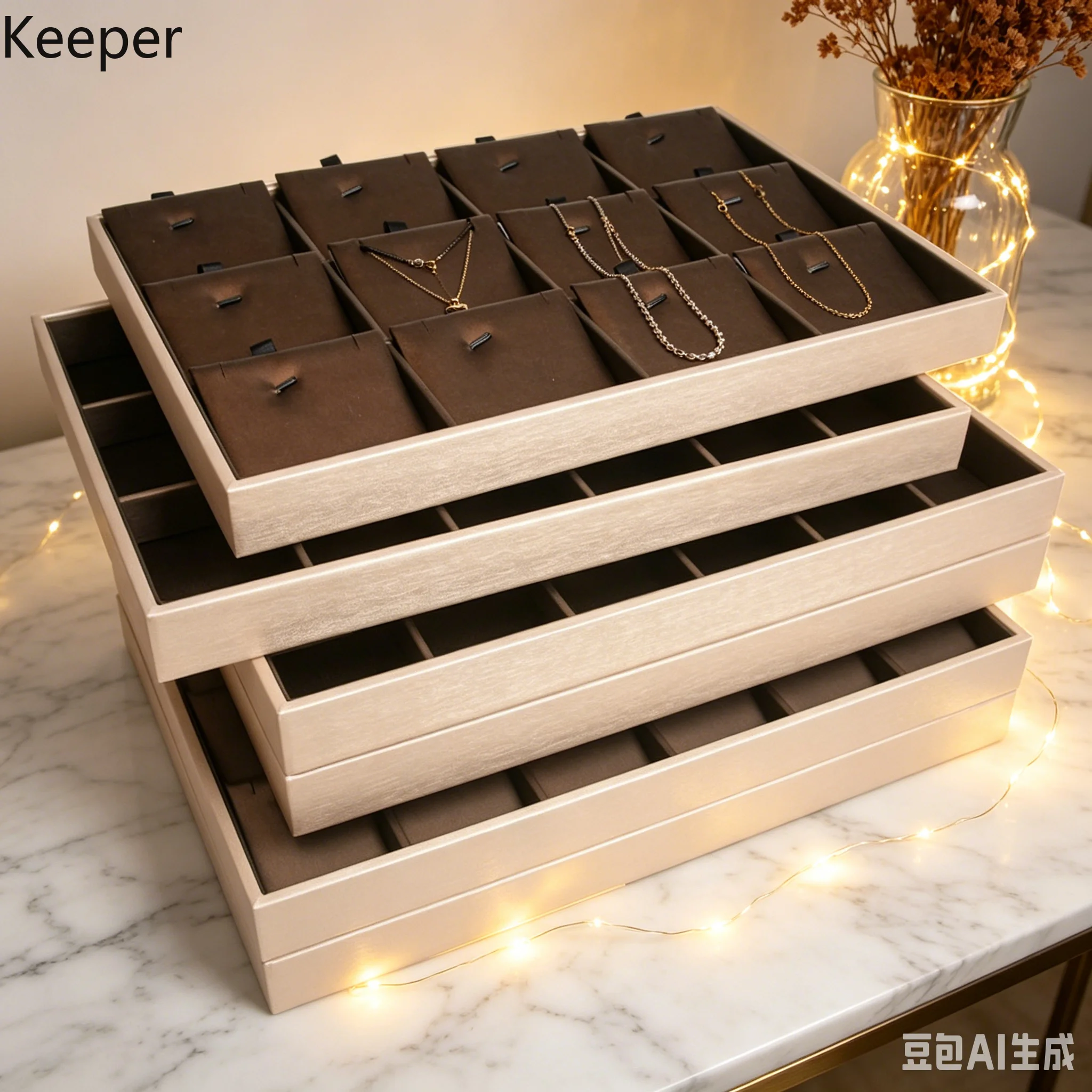 

Elegant Brushed Leather Jewelry Display Tray, Champagne Coffee Series, Storage & Viewing Plate for Necklace & Hand Chain