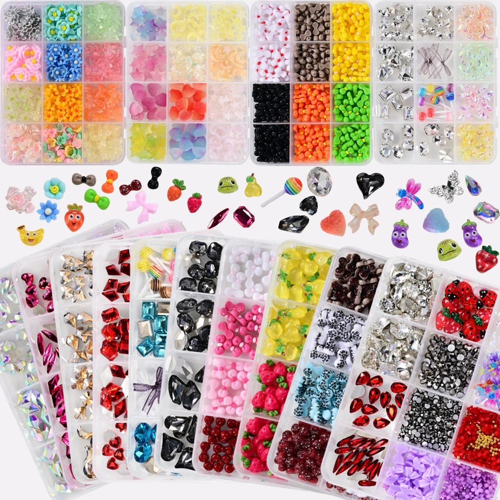 12 Siatek 3D Różowe Kokardki i Różowo-Czerwone Cyrkonie Ozdoby do Paznokci Mieszane Okrągłe/Serce/Kwadrat/Romb Diamentowe Dekoracje do Paznokci DIY Akcesoria do Paznokci