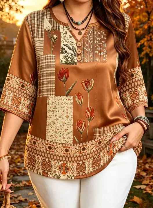 Plus Size Satin Patchwork Tulip Floral Print Blouse Notch V Neck 3/4 Sleeve Wooden Buttons Loose Vintage Casual Shirt