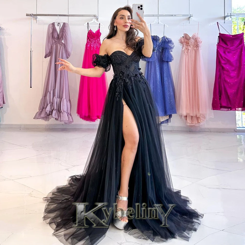 Kybeliny Modern Slit Prom Dresses For Woman 2024 A-line 3D Flower Appliques Evening Gowns Vestidos De Fiesta Party Customized