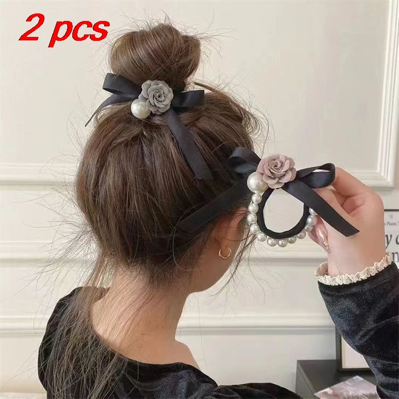 2-teiliges Haargummis-Set für Damen, Blume, Schmetterling, Perle, koreanische elastische Haarbänder, süß, einfach, vielseitig, Haarschmuck, Mädchen