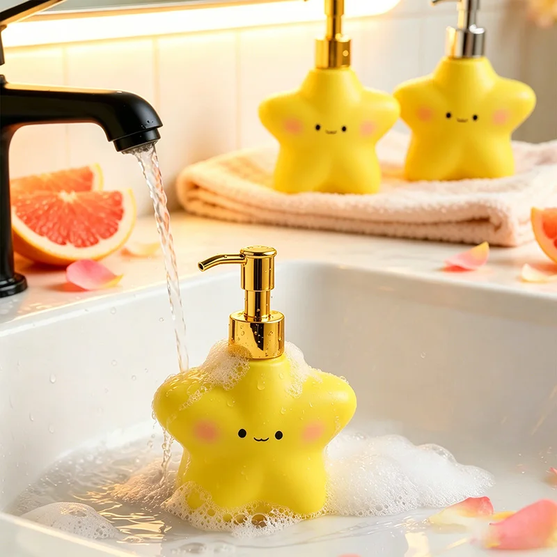 Distributeur de lotion en résine motif étoile Kawaii, flacon pompe rechargeable pour savon liquide, idéal pour la salle de bain, le lavabo ou comme accent décoratif de table.