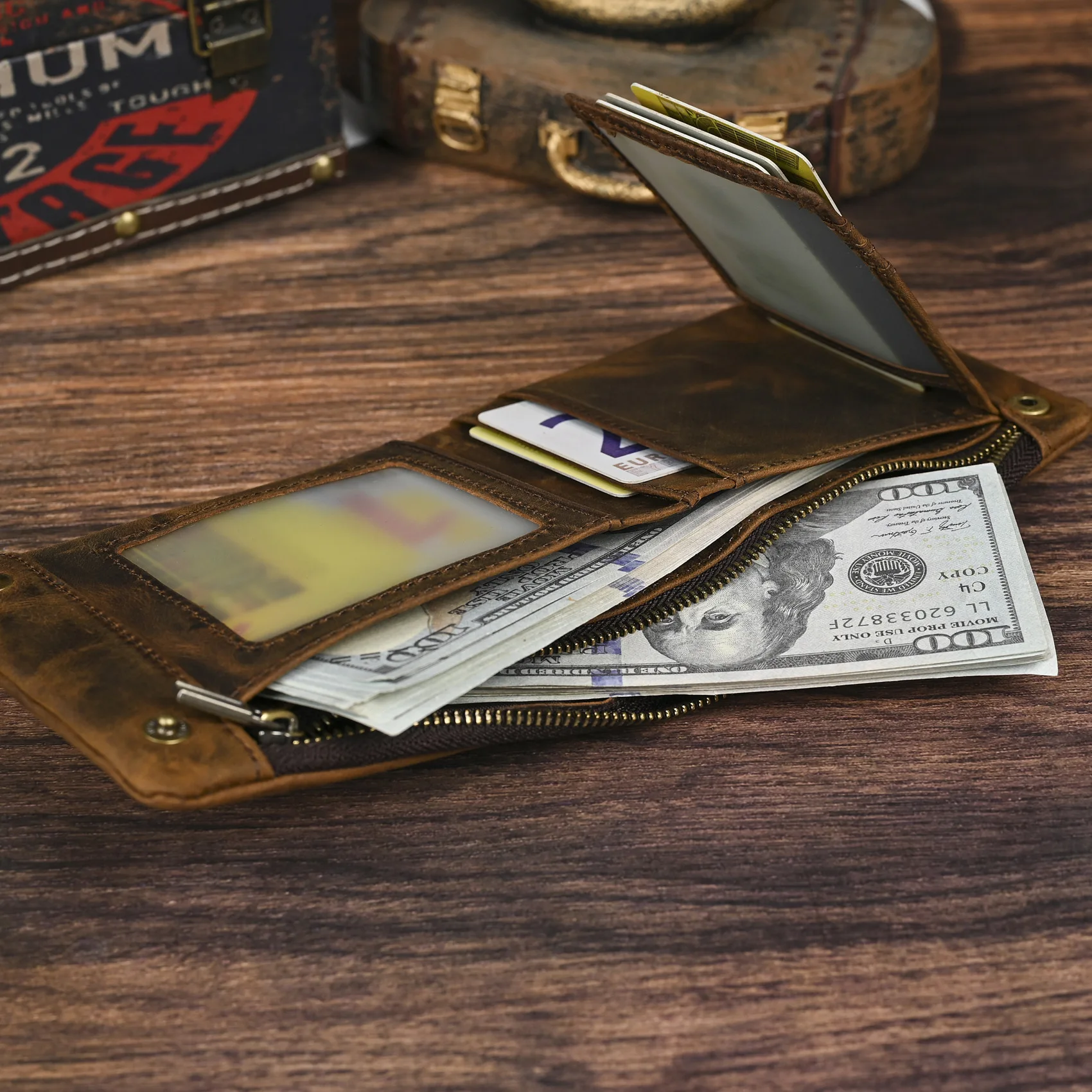 YETTIES Herren-Pull-Up-Geldbörse aus genarbtem Leder, kurzer Bifold-Reißverschluss mit abnehmbarer Kette, praktische Retro-Clutch für Herren – Detail 39