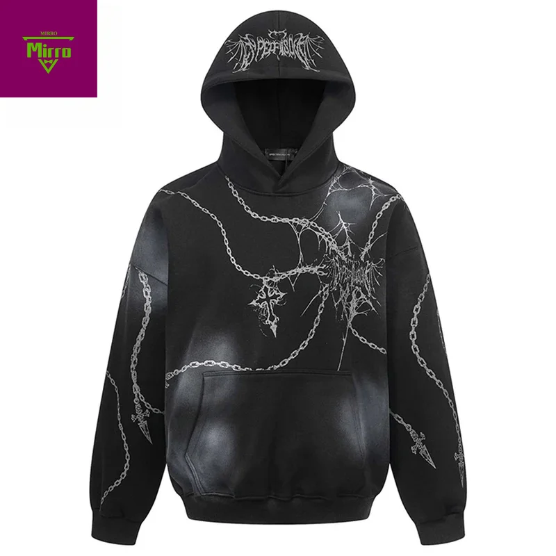 

【Mirrordust】Винтажные мужские толстовки большого размера, свободные толстовки с перекрестной графикой, уличная одежда, толстовки в стиле Харадзюку в стиле хип-хоп, толстовки Y2K