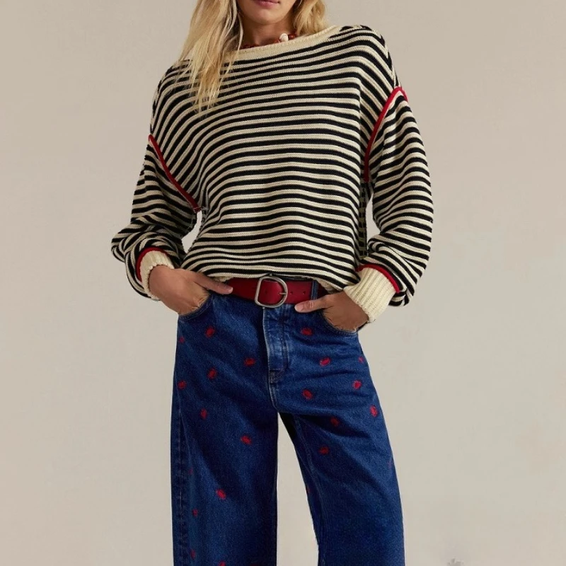 

Sweater Pullover Women Autumn Winter Beige Stripe Knitted Tops O Neck Long Sleeve Sweater Female Streetwear Casual Loose Korean