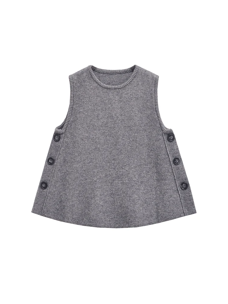 

TRAF европейский и американский стиль, летняя новая женская одежда, украшение на боковых пуговицах, жилет без рукавов с круглым вырезом, вязаный топ