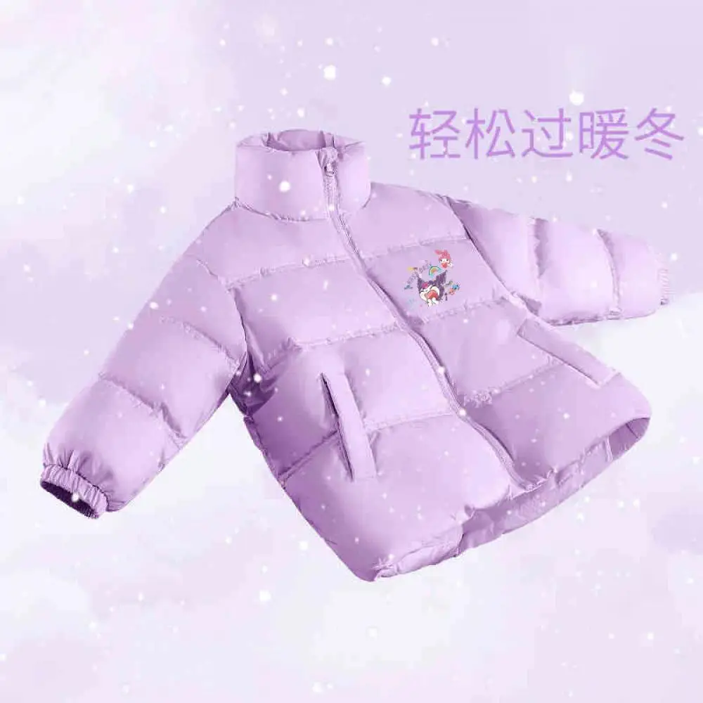 Cute Winter New Kuromi Cinnamoroll Kids Stand Collar Down Jacket Anime Sanrios Girl Blue Plush Zipper Overcoat Warm Bread Jacket