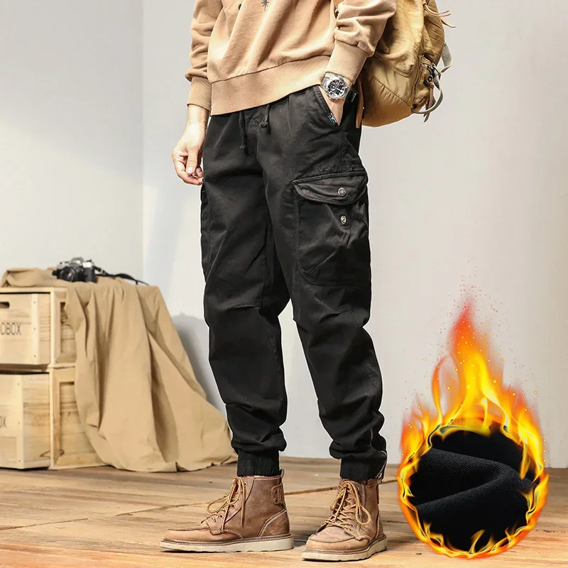 

HIQOR 2025 New Cargo Pants Men Winter Man Y2k Harem Tactical Pants for Men Outdoor Fleece Multi-Pockets Cotton Casual Trousers