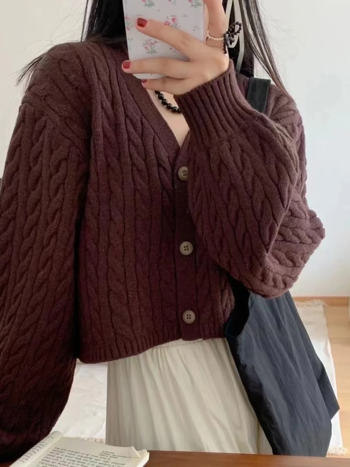 Вязаный свитер в стиле ретро, пальто, женский зимний ор, свободный фонарь Све V-Ne, витой вязаный открытый кардиган, корейский топ