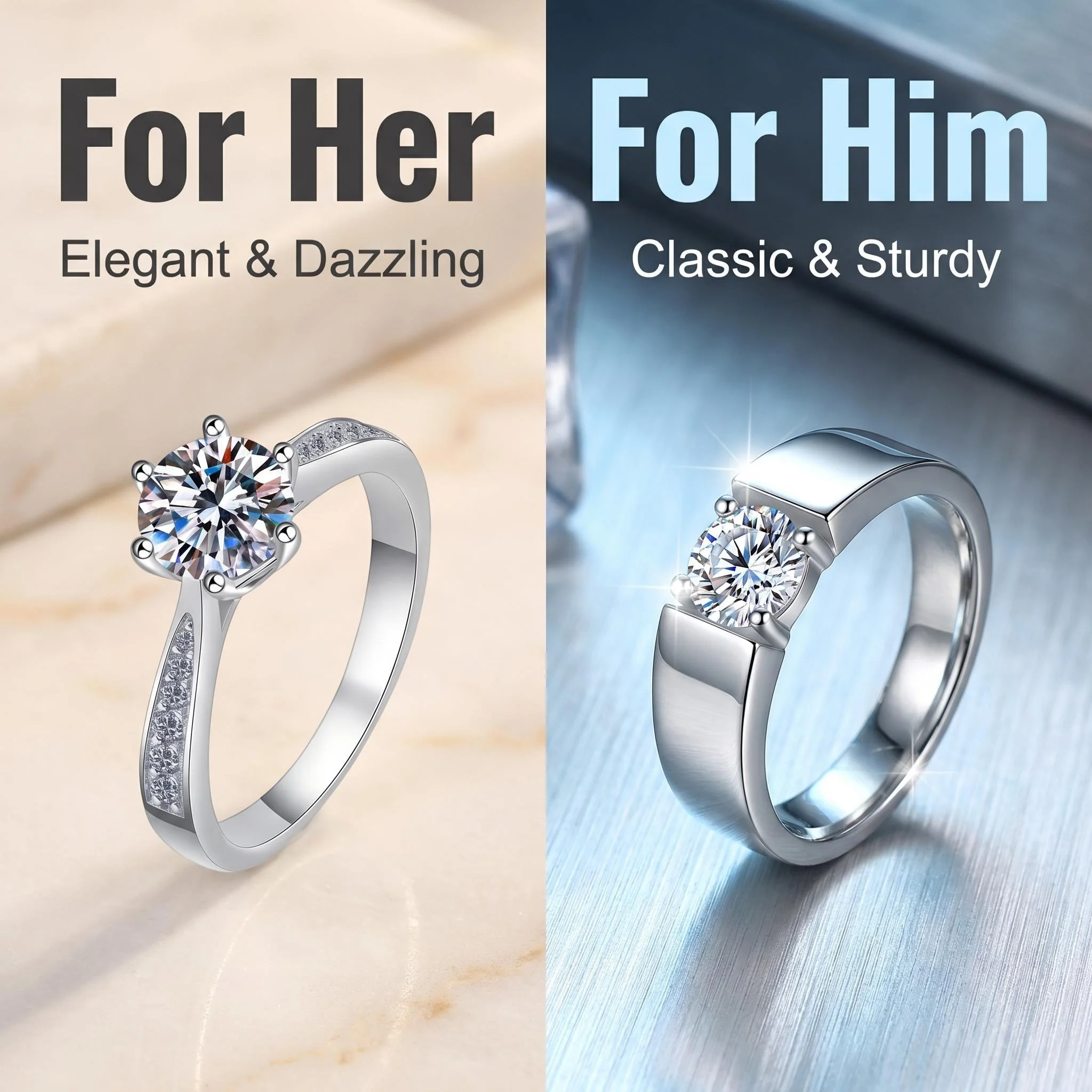 D VVS1 Round Moissanite Couple Ring 925 Sterling Silver Plated White Gold Unisex Engagement Wedding Band Statement Jewelry For Men Women Anniversary Birthday Party Gift