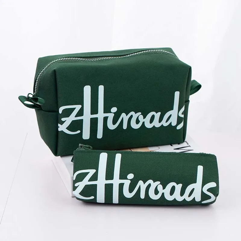 2pcs Cotton Canvas Storage Set Large Makeup Bag and Pencil Case Organizer Travel Toiletry Pouch School Stationery Pouch