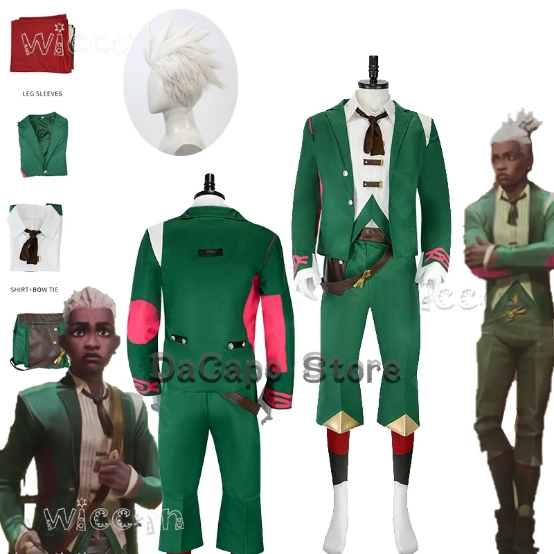 Arcane S2 Ekko Cosplay Costume Wig Green Suit Pants Vest Green Dancing Outfit Halloween Party Anime LOL Mens Roleplay Clothes