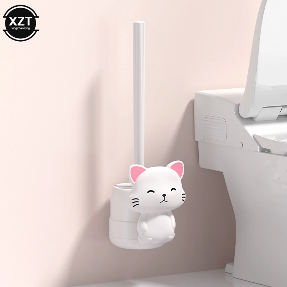 No Dead Angle Sanitary Brush Cute Cat Base Long Handle Squat Pit Cleaning Washing Toilet Artifact Toilet Brush Sets Wall-mounted