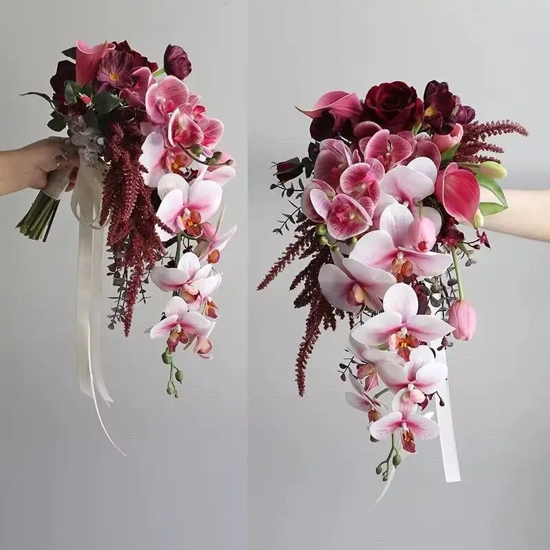 2021 Whitney Wedding Collection Waterfall Red Bridal Artificial Pearls Crystal Wedding Bouquets De Mariage Rose