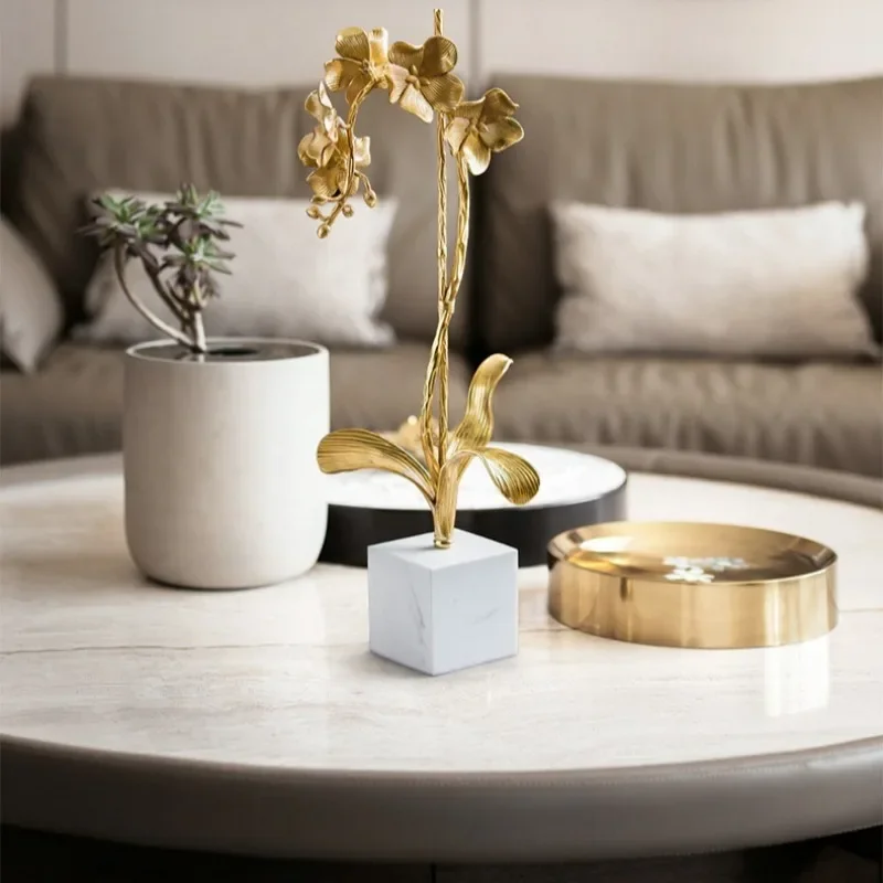 Brass orchid sculpture luxury marble base interior decoration statue TV cabinet entrance aesthetic jewelry home