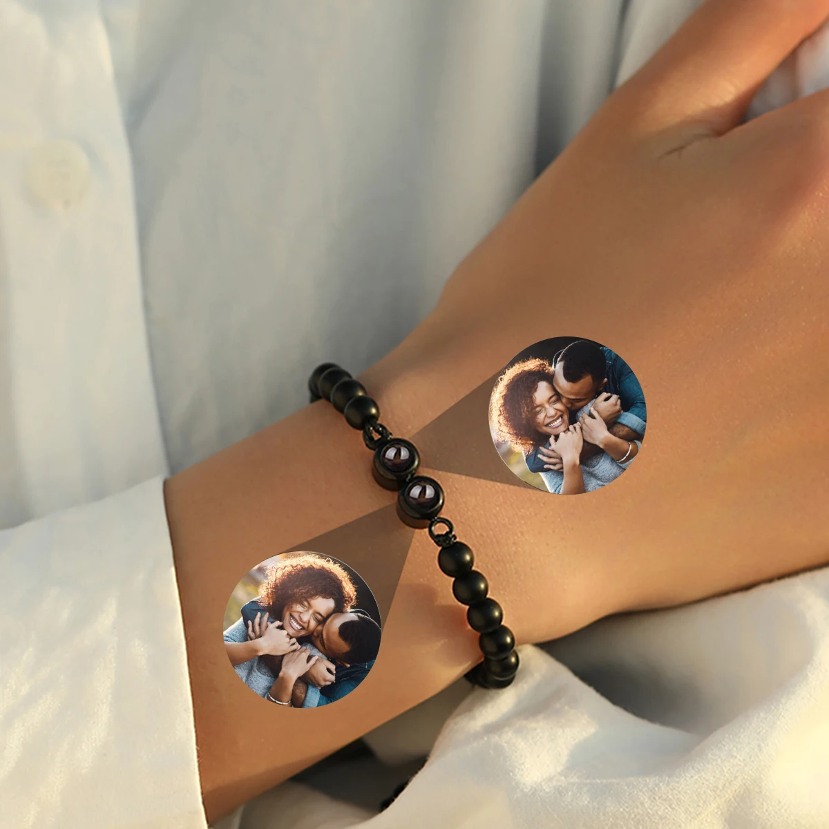 Two Photos Custom Projection Bracelet With Picture Inside Natural Stone Bead Bracelet Family Pet Couple Anniversary Jewelry Gift