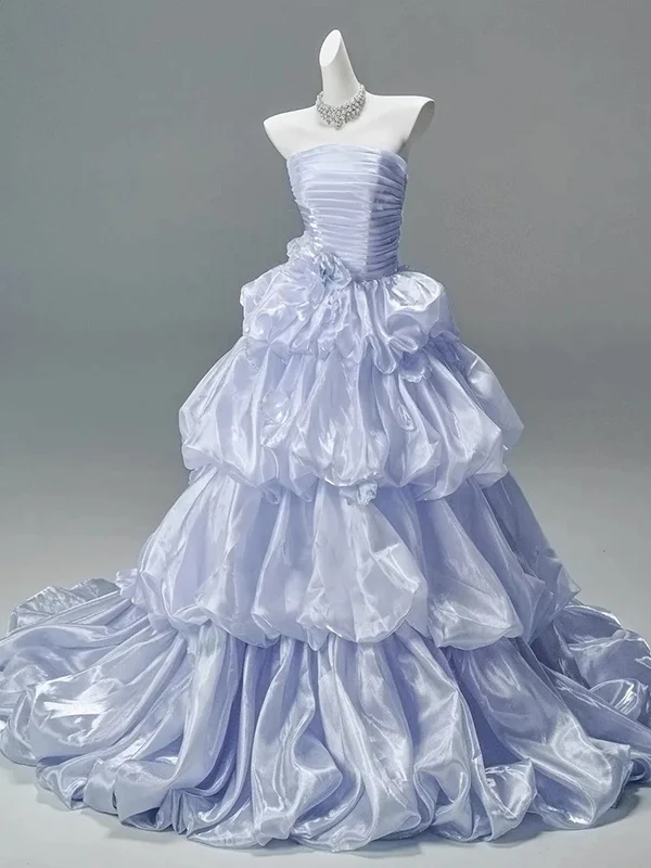 Elegante Vestido Largo de Fiesta Azul Grisáceo sin Tirantes, Estilo Princesa con Falda de Pastel, para Estudiantes de 18 Años...