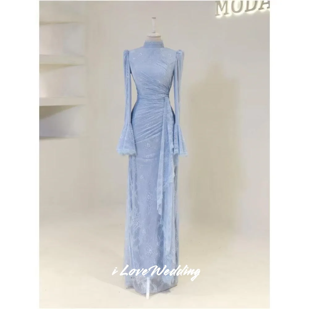 

Blue High Neck Evening Dresses 2025 Long Sleeve Mermaid Lace Flower Floor-Length Pleated Prom Dresses Party Dresses Customized
