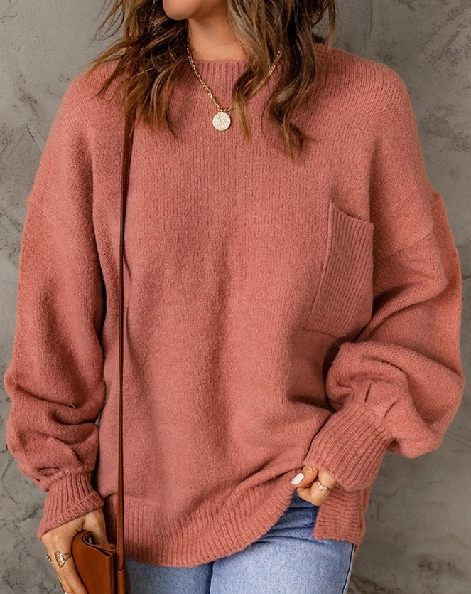 Fashion Women Sweaters 2023 Winter New Casual Foundation Round Neck Versatile Pocket Design Long Sleeve Knit Pullover Sweater