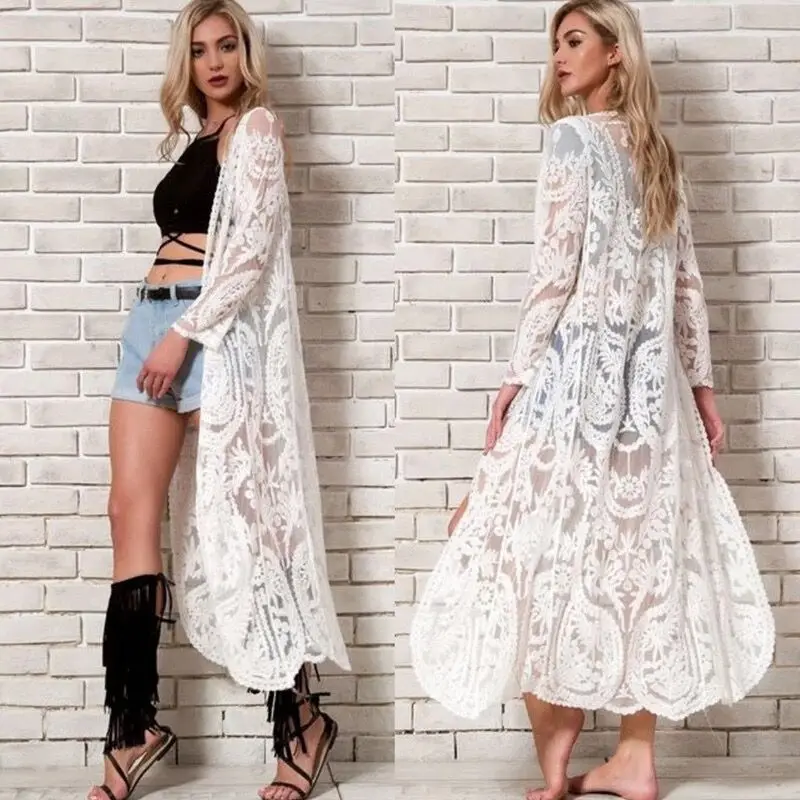 DEKA Women Beach Dress Solid White Lace Beachwear vestiti di protezione solare costumi da bagno lavorati a maglia Beach Long Cover Up