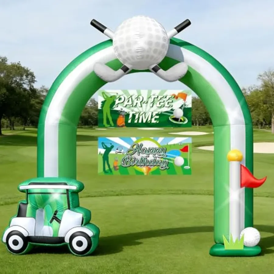 

Golf party decorations for outdoor stadium use, inflatable arch with built-in blower, green color, LED lighting and golf car fl