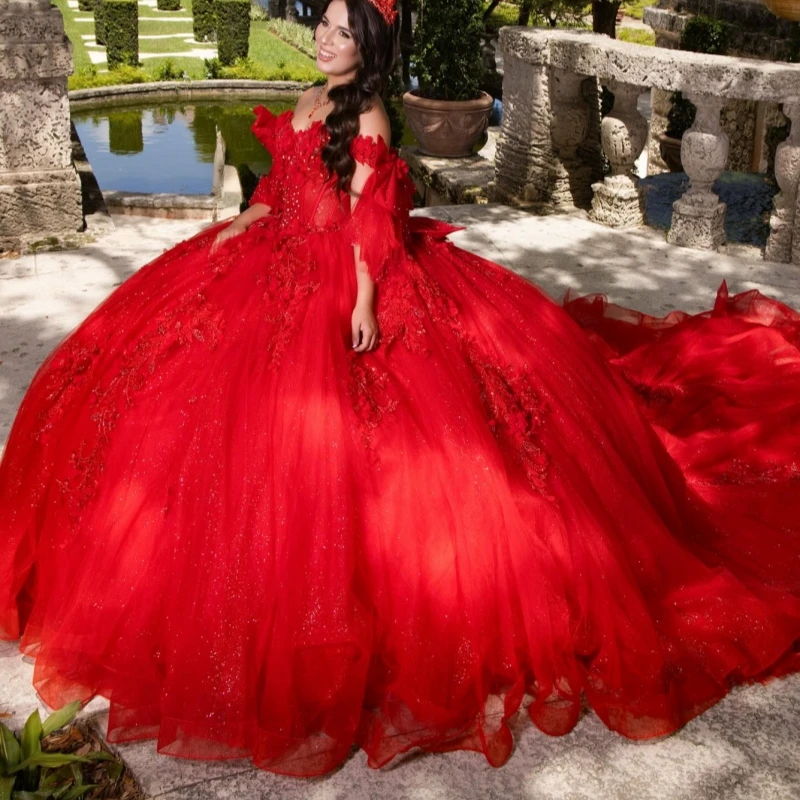 

Красное блестящее бальное платье Quinceanera Платья с открытыми плечами Аппликация Кружева Бусины Лук Тюль Вечеринка День Рождения Sweet 16 Платье Vestidos 15