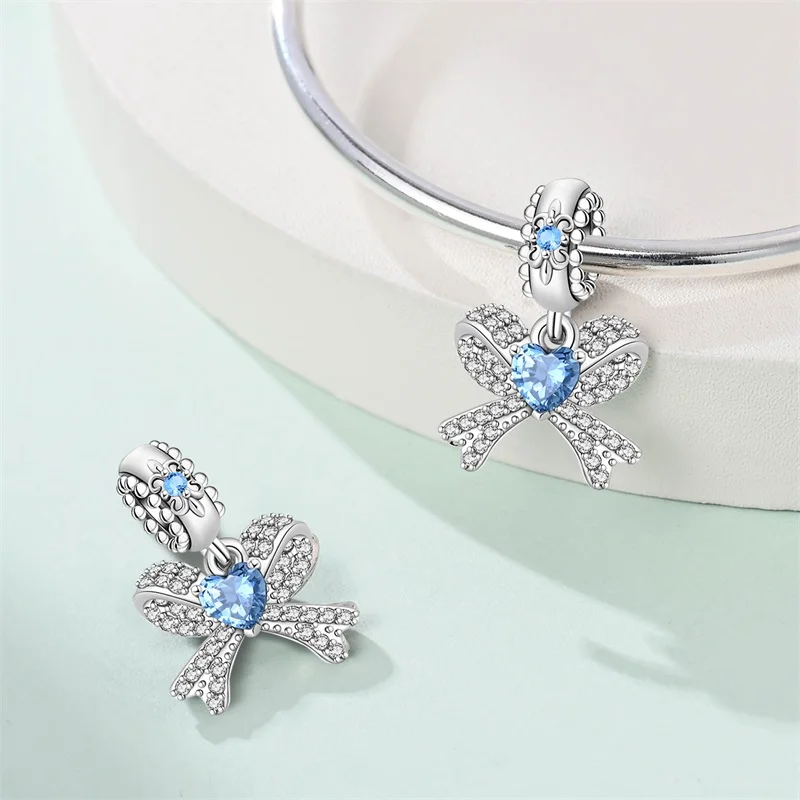 Winter 925 Silver Romantic Christmas Sparkling Bow Typewriter Sweet Charms Beads Fit 3mm 925 Original Bracelets DIY Fine Jewelry