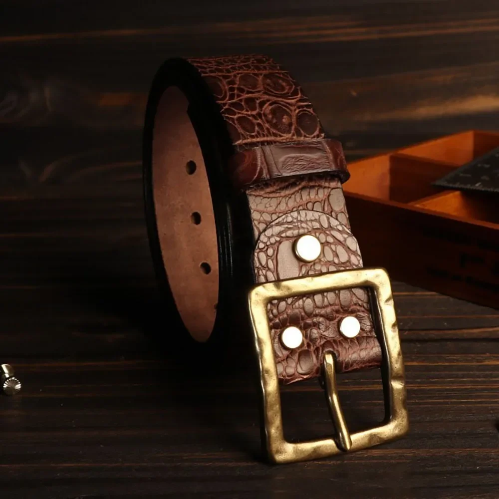 Fashionable and Versatile Crocodile Pattern Leather Belt for Men with Antique Brass Buckle 3.8cm Width