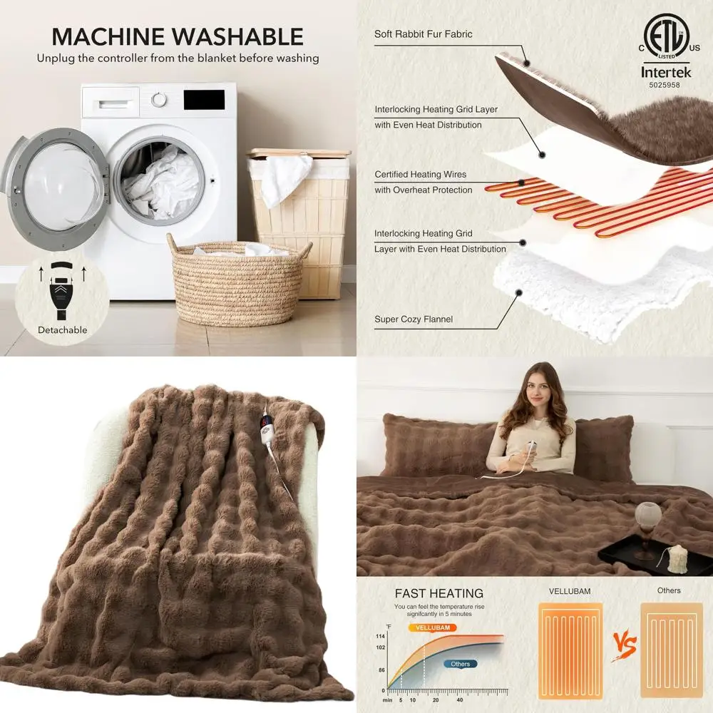 

Luxury Soft Camel Faux Fur Electric Throw Blanket with 6 Heat Levels & 4 Timers, Ideal for Home Decor (50 x 60)